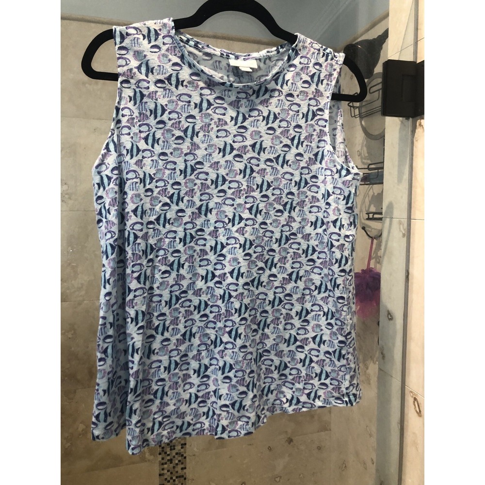 J.Jill Love Linen Tank Top Sz S Blue Purple Fish Print Sleeveless Shirt